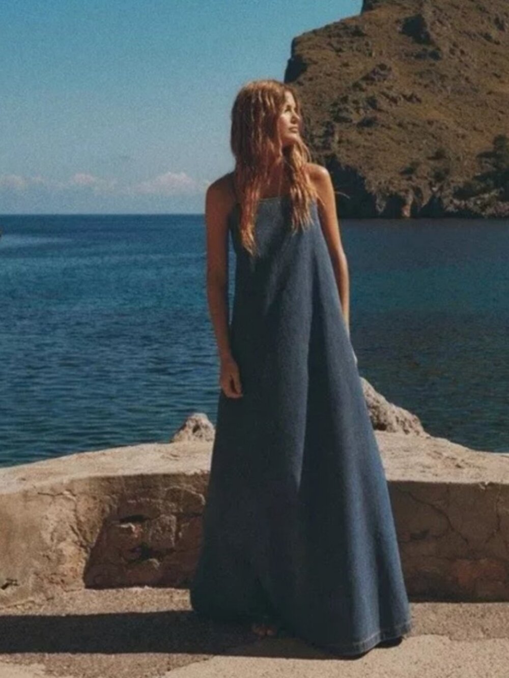 Zara Denim Maxi Dress Women Medium Blue Spaghetti Strap 6929/284 NWT